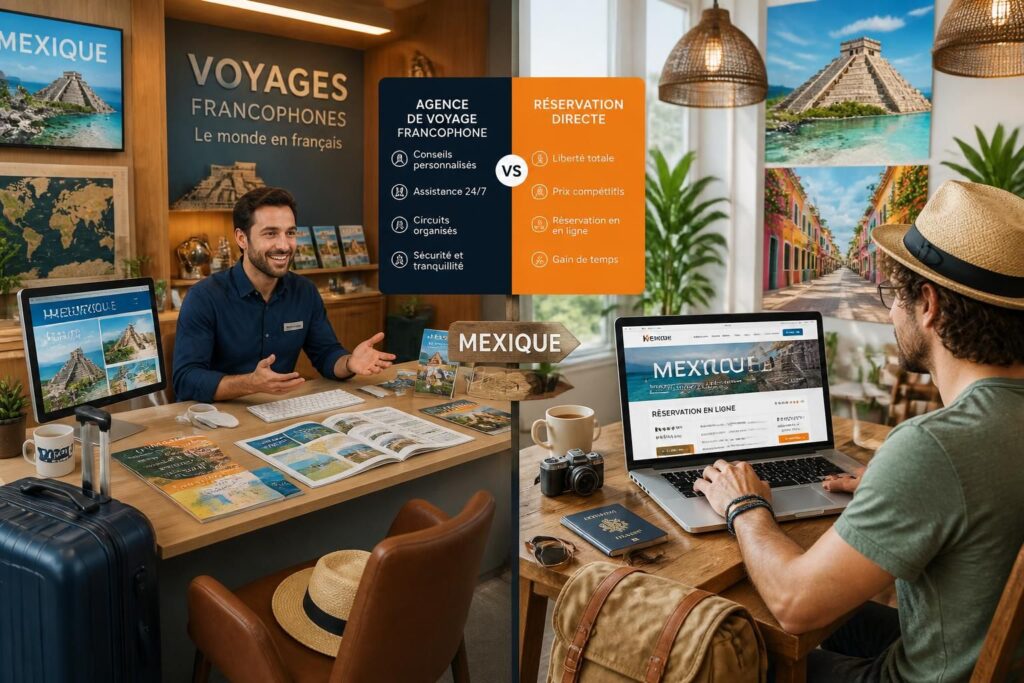découvrez les avantages de réserver votre voyage au mexique via une agence francophone ou en direct, et choisissez la meilleure option pour une expérience de voyage réussie.