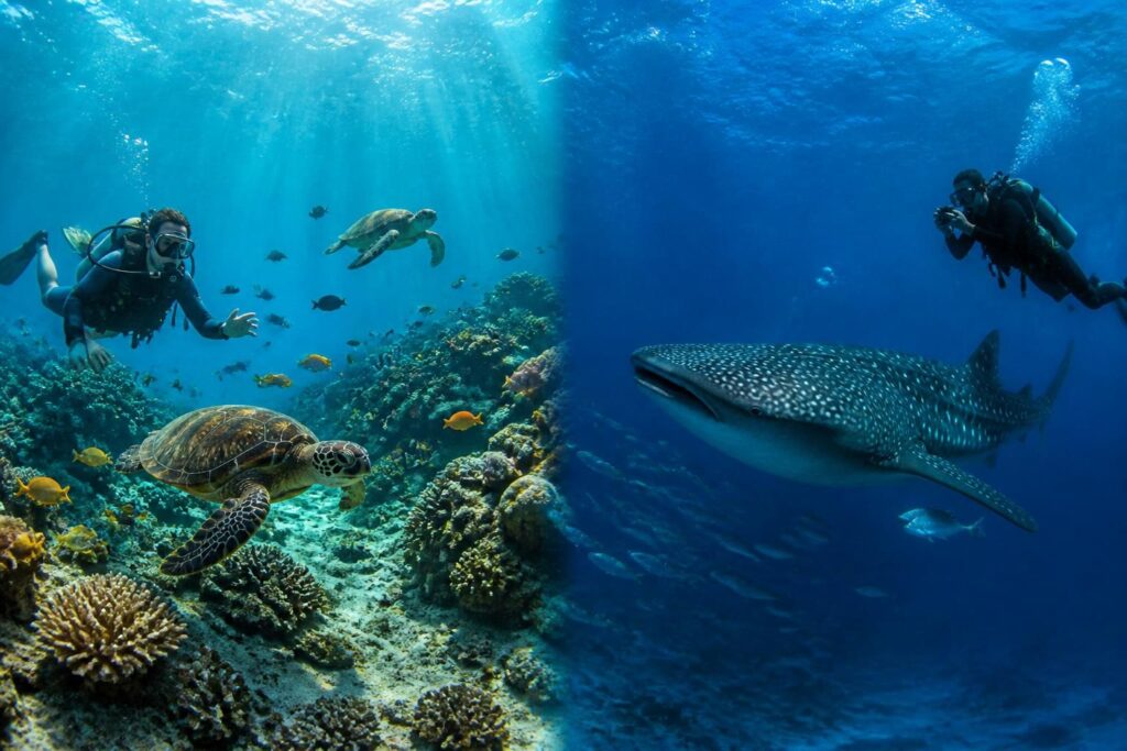 découvrez les différences entre nager avec les tortues et nager avec les requins-baleines, et choisissez l'expérience idéale pour les passionnés de la mer et de la nature.